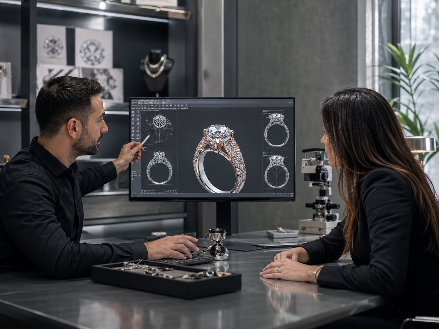 CAD and AI jewelry design review with a customer