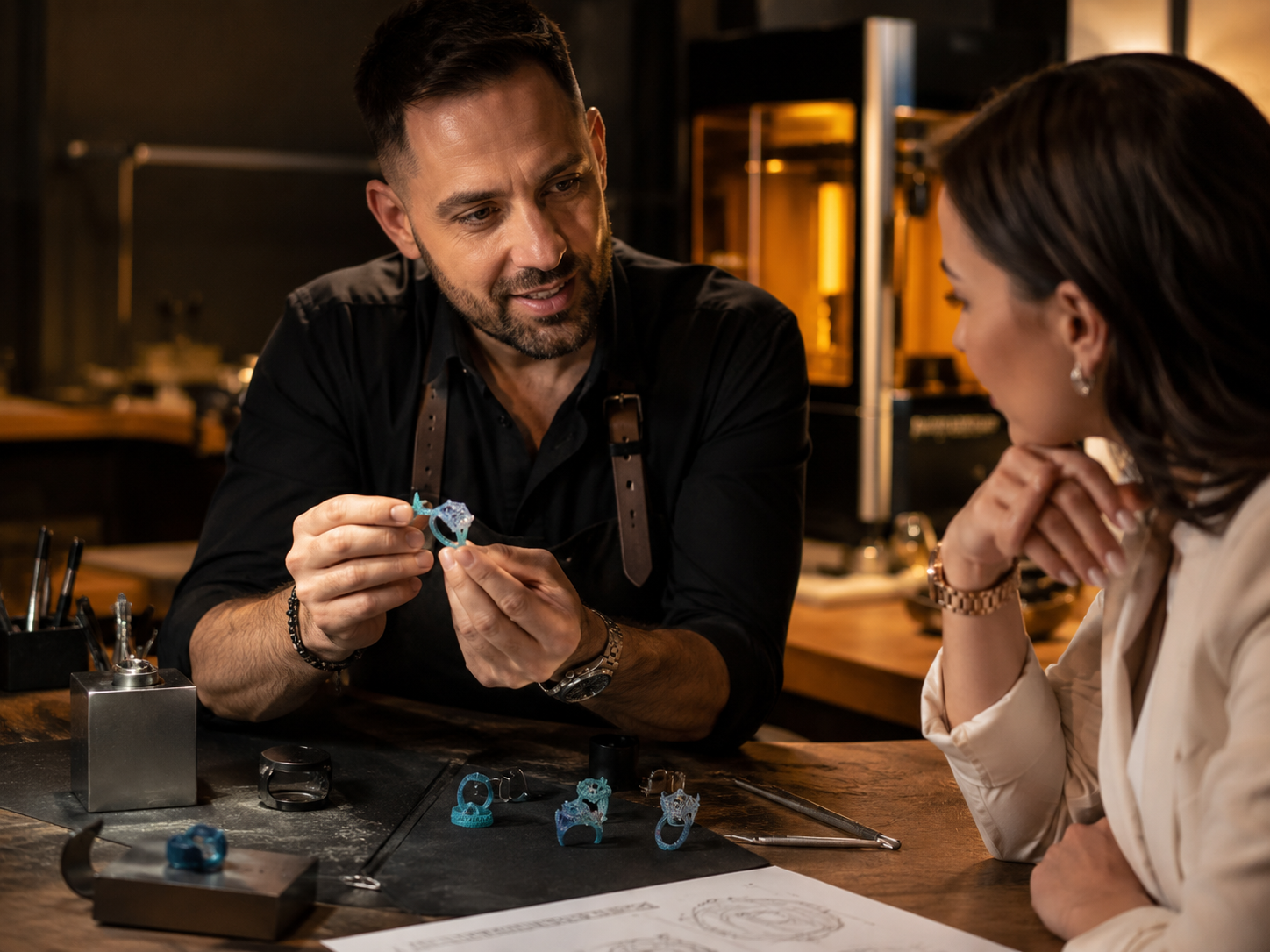 Jeweler presenting a 3D printed jewelry prototype